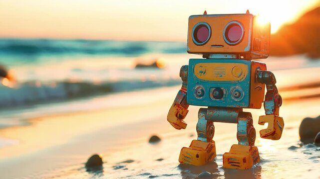 A cute colorful toy robot standing on the beach	
