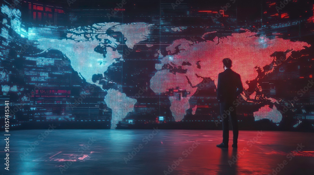 Poster A silhouette of a businessman in front of a digital world map with data visualizations.
