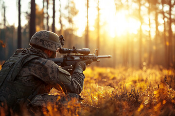back view of soldier aiming with sniper rifle in the sunset forest, war concept