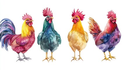 Fototapeta premium Four Colorful Roosters Watercolor Illustration