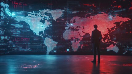 Obraz premium A silhouette of a businessman in front of a digital world map with data visualizations.