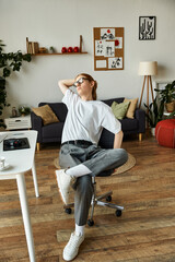 A young man lounges casually in a warm, inviting space, embodying relaxation and comfort.