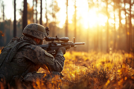 back view of soldier aiming with sniper rifle in the sunset forest, war concept - Powered by Adobe