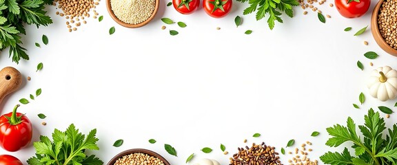 A white background with a variety of vegetables including tomatoes, peppers, and squash. The vegetables are arranged in a way that creates a sense of abundance and freshness