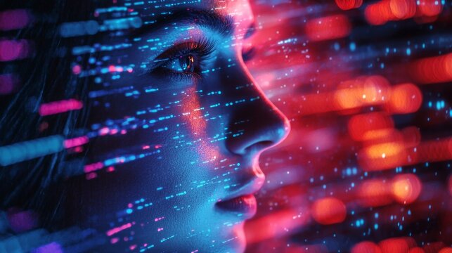 Profile of woman immersed in futuristic digital effects