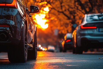 Obraz premium Traffic jam during a vibrant sunset on a wet road, highlighting reflections of cars in the evening glow