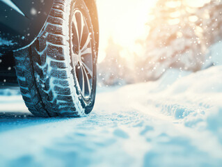 Close-up of a car tire driving through a snowy landscape in winter light.