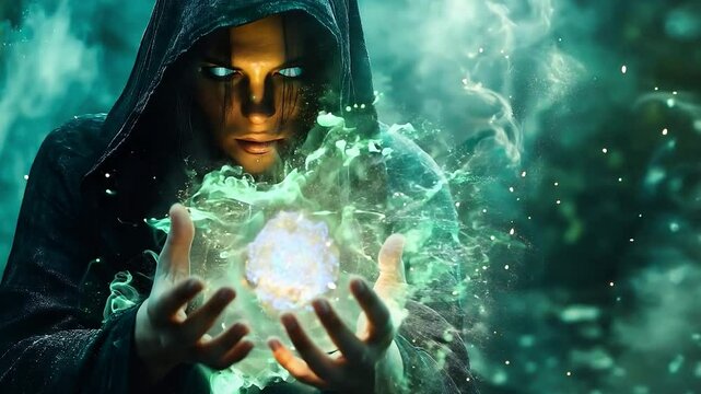 A woman wizard in robes was reciting spells and casting magical spells, with special powers in his hands	
