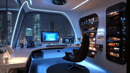 Fototapeta premium High-tech home office with digital workspaces, ergonomic