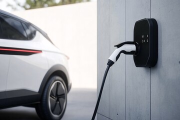 Electric vehicle charging at a modern station in an urban setting during daylight