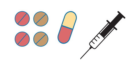 Syringe Pills Pharmacy Drug Symbols Medical vector illustration on white background.syringe vector,medicinevector,medicalillustration,medicineicon,medkitvector.