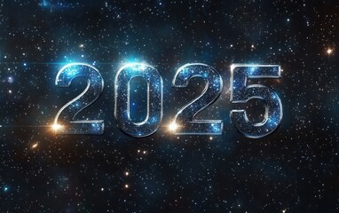 Ultra-realistic, high-detail close-up of the numbers "2025" in silver, glowing letters set against a starry space background with galaxies