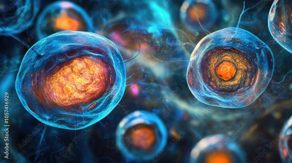 Poster Abstract image symbolizing regenerative biotech, with glowing cells regenerating under a vibrant, dynamic light pattern