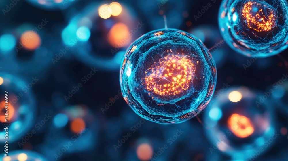 Poster abstract image symbolizing regenerative biotech, with glowing cells regenerating under a vibrant, dy