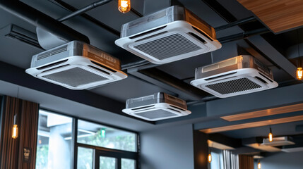 Several modern ceiling-mounted air conditioning units in an indoor space with industrial design elements including exposed ducts and warm lighting.