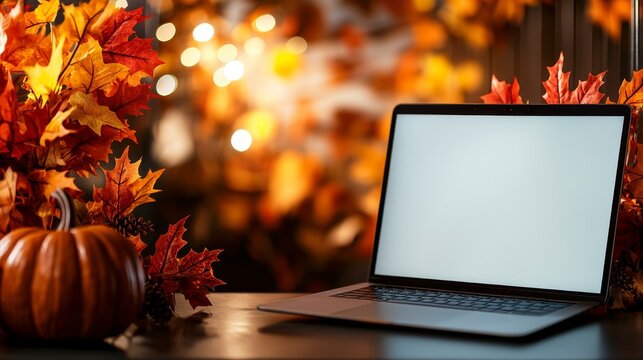 A cozy autumn scene featuring a laptop surrounded by colorful fall leaves and a pumpkin, evoking a warm seasonal atmosphere. - Powered by Adobe