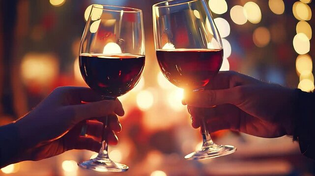 Couple in love drinking wine. Romantic date with glasses of red wine at restaurant. Cheers. Clinking glasses with alcohol and toasting, party	

