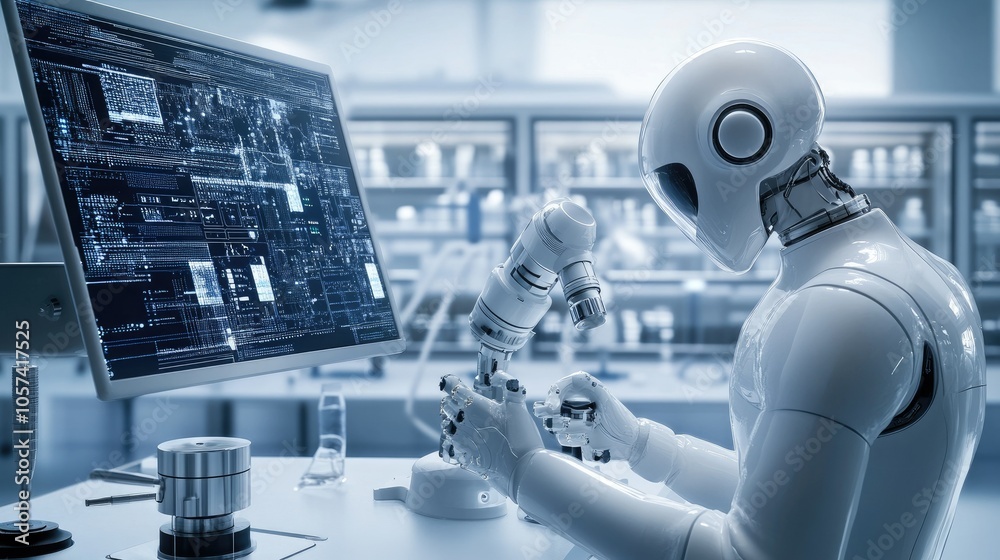 Poster Advanced AI interface analyzing complex data in the background of a futuristic lab
