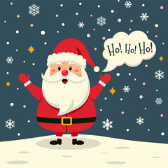 Santa Claus saying 'Ho Ho Ho' in winter wonderland, great for Christmas event invitations, holiday greeting cards, social media posts and festive advertising. Vector illustration in cartoon style
