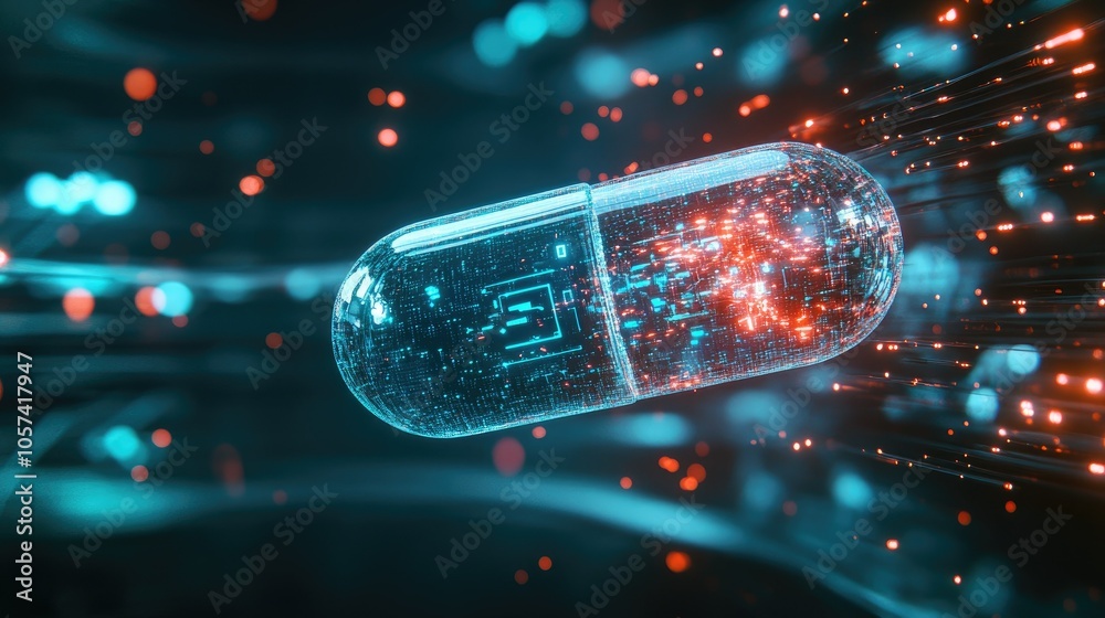 Poster advanced medicine pill with digital data flowing around, symbolizing ai in healthcare