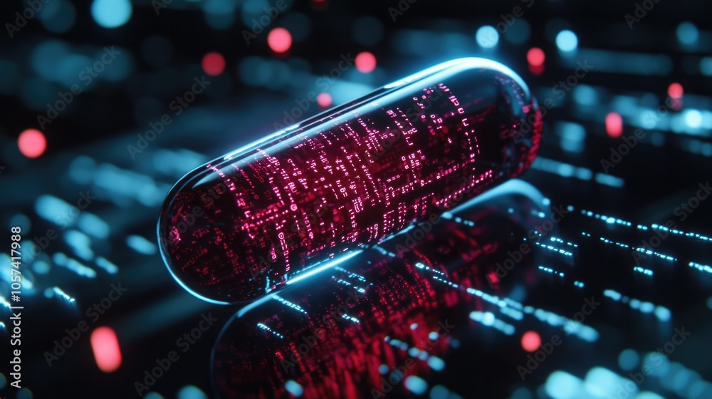 Poster advanced medicine pill with digital data flowing around, symbolizing ai in healthcare