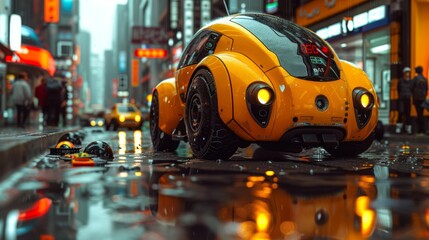 Fototapeta premium Futuristic Yellow Car on a Rainy City Street