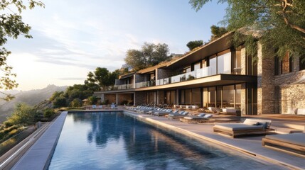 Fototapeta premium Hotel pool area with modern design and views of the