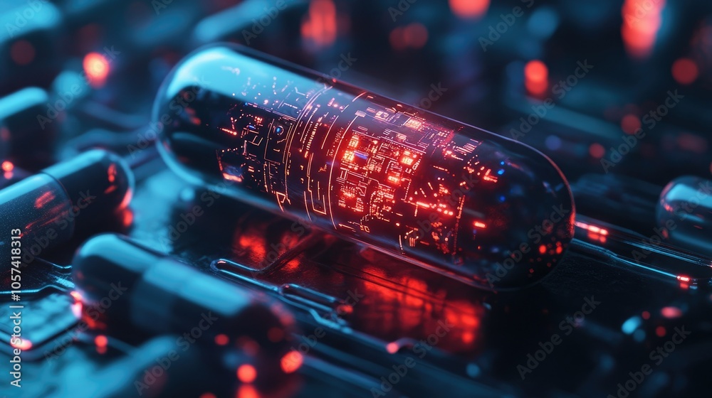 Poster ai-concept pill with futuristic tech patterns, representing future healthcare innovation