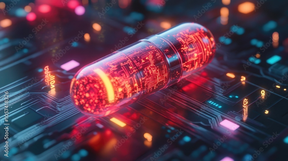 Poster ai-concept pill with futuristic tech patterns, representing future healthcare innovation