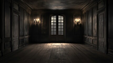 A dimly lit, empty room with dark walls and a large window casting light.