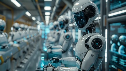 Fototapeta premium Futuristic Robots on an Assembly Line: The Rise of Automation