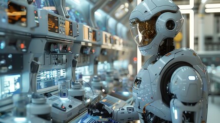 Fototapeta premium Futuristic Robot in a Space Station Control Room