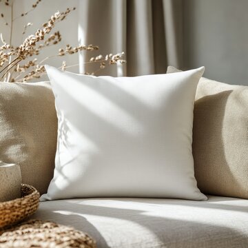 Minimalist white pillow mockup on neutral sofa