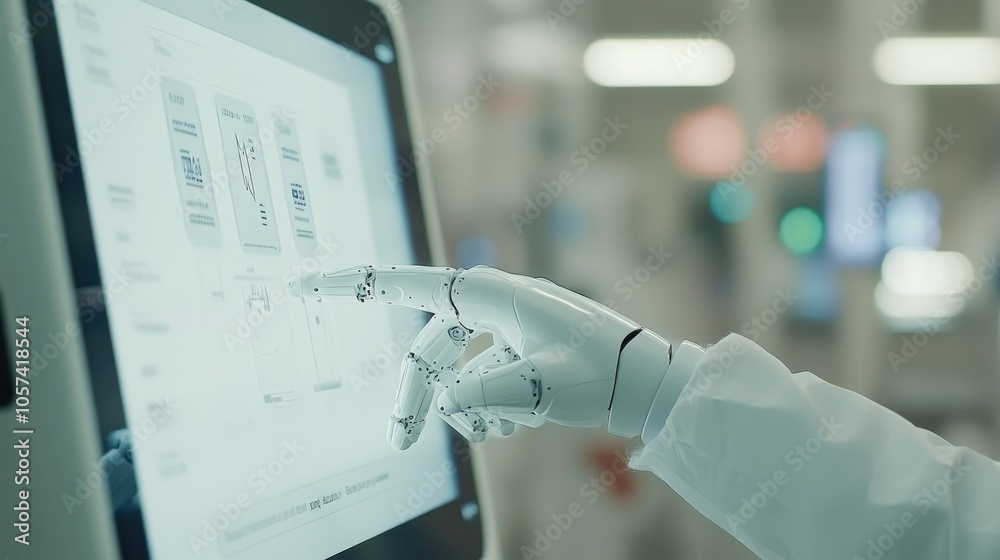 Poster ai-powered healthcare with robot hand hovering over digital patient information screen