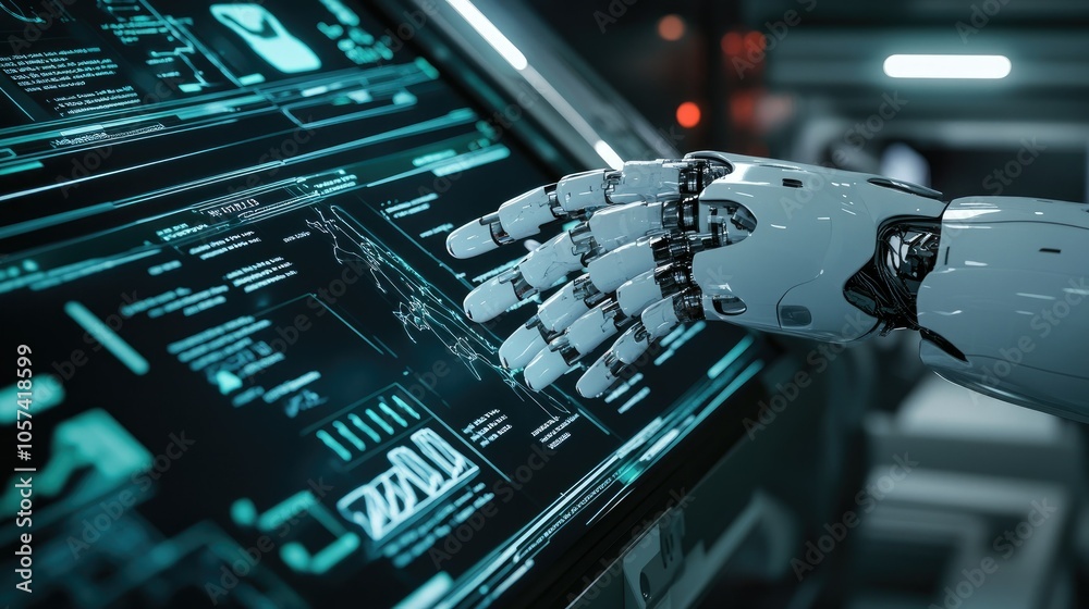 Poster ai-powered healthcare with robot hand hovering over digital patient information screen