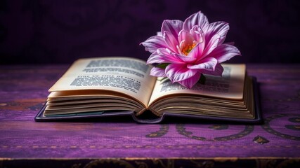 An antique book with a purple flower next to an AI algorithm for generative art on a table, book, intelligence