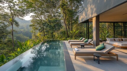 Hotel poolside area with modern loungers and views of
