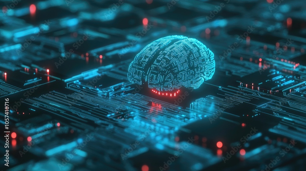 Poster Artificial intelligence concept with futuristic blue-toned circuitry and data stream graphics