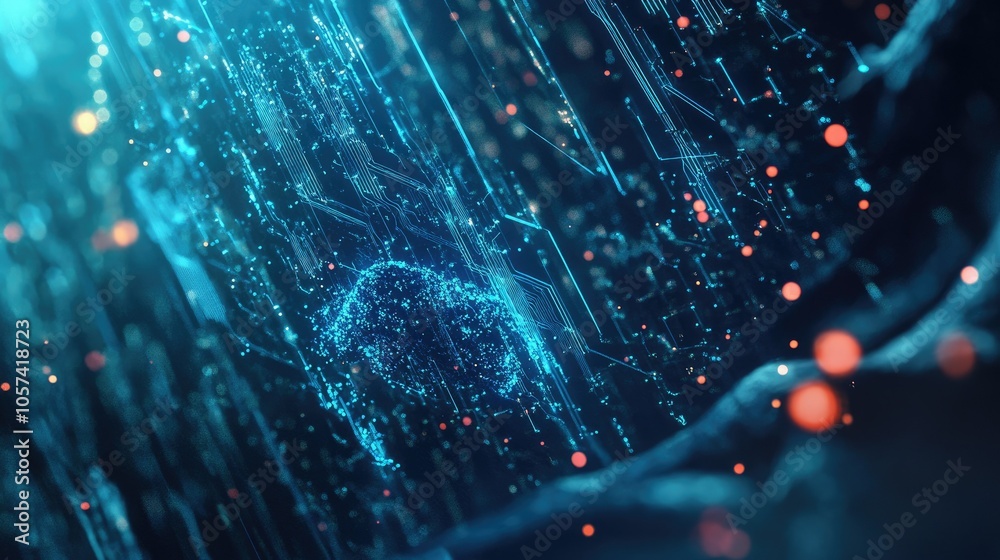 Poster Artificial intelligence concept with futuristic blue-toned circuitry and data stream graphics