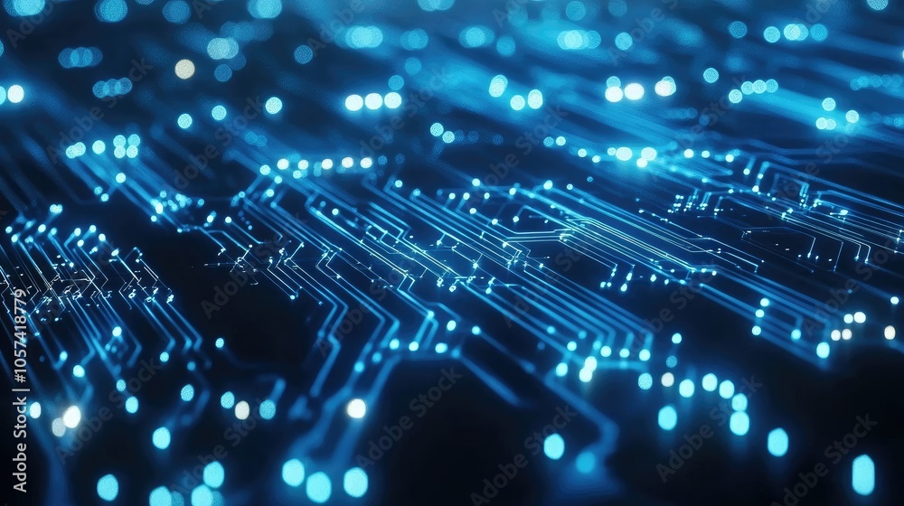 Poster Artificial intelligence concept with futuristic blue-toned circuitry and data stream graphics
