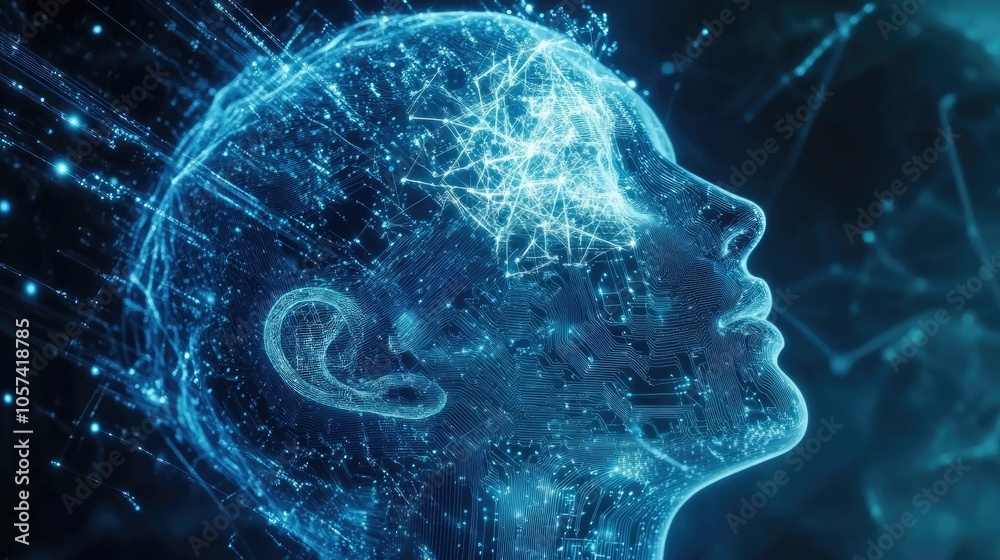Poster Artificial intelligence concept with futuristic blue-toned circuitry and data stream graphics