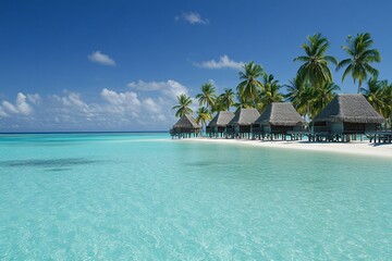 Fototapeta premium Tropical beach with thatched huts under palm trees near turquoise water on a sunny day