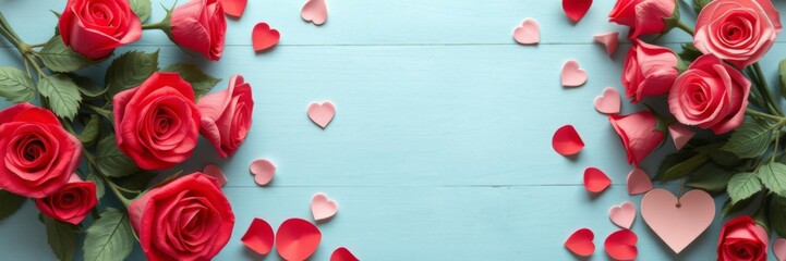Fototapeta premium Beautiful arrangement of vibrant rose flowers paired with delicate paper hearts resting on a wooden table, celebration, romantic