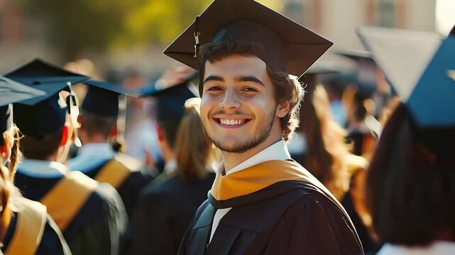 A happy young male graduate students wearing bachelor gowns the middle of a crowd of graduate students She is in focus standing still while other people move in university	
