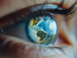 Close-up of an eye reflecting the Earth, symbolizing global vision and unity.