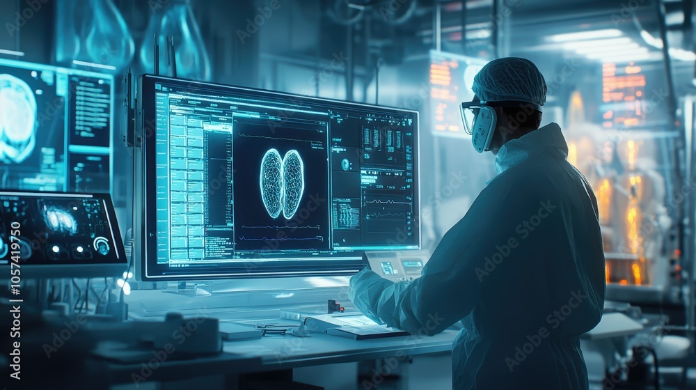 Poster cleanroom with engineer programming software for medical electronic devices, ui on screen