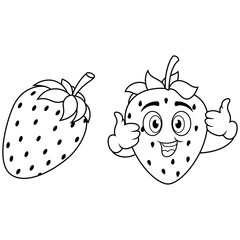 Cartoon cute strawberry fruit giving thumbs up line art