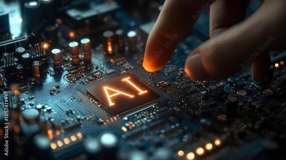 Poster A close-up of a circuit board with a glowing 'AI' symbol, representing artificial intelligence.