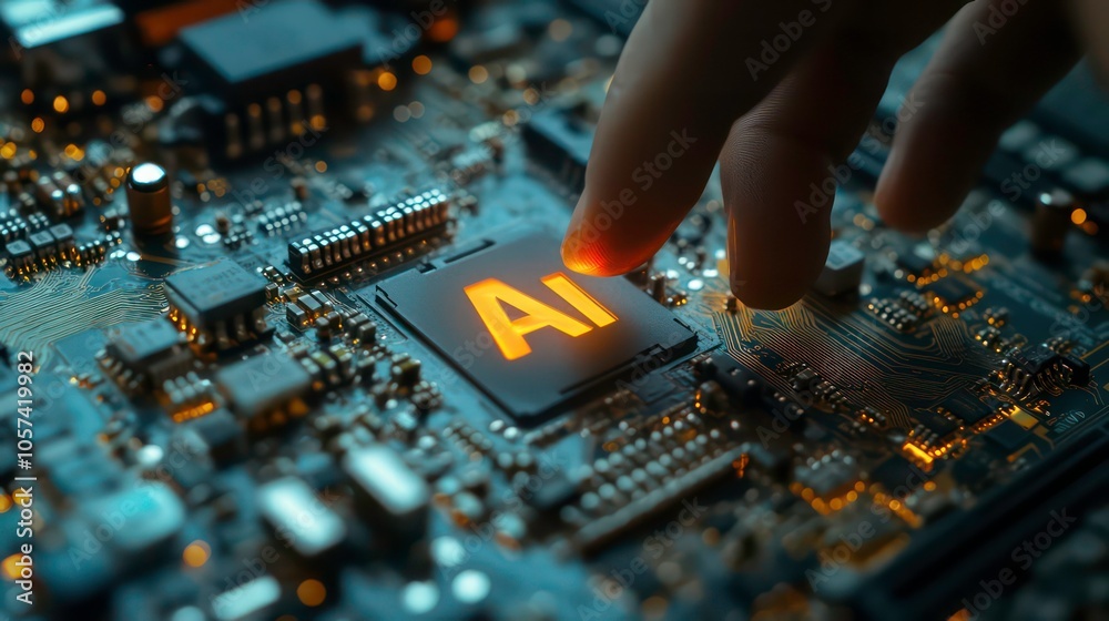Poster a hand pressing an illuminated ai chip on a circuit board, symbolizing technology and innovation.