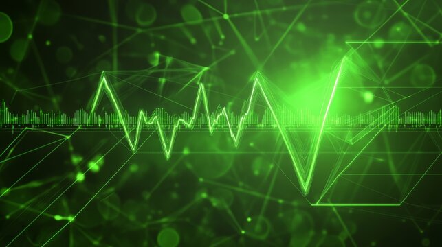 Green Digital Waveform on Technology Background Soundwave, Finance Graph, Blockchain on Internet